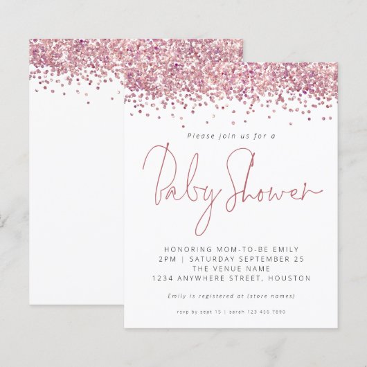 Budget Pink Glitzer Kinderdusche Einladung (Vorne/Hinten)