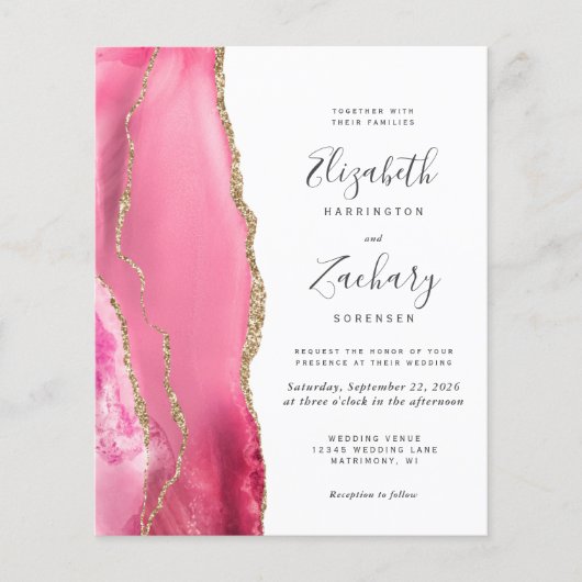 Budget Pink Gold Agate QR Code Einladung Hochzeits (Vorderseite)