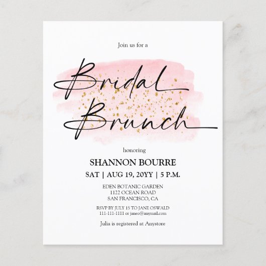 Budget Pink Gold Elegant Bridal Brunch Einladung (Vorderseite)