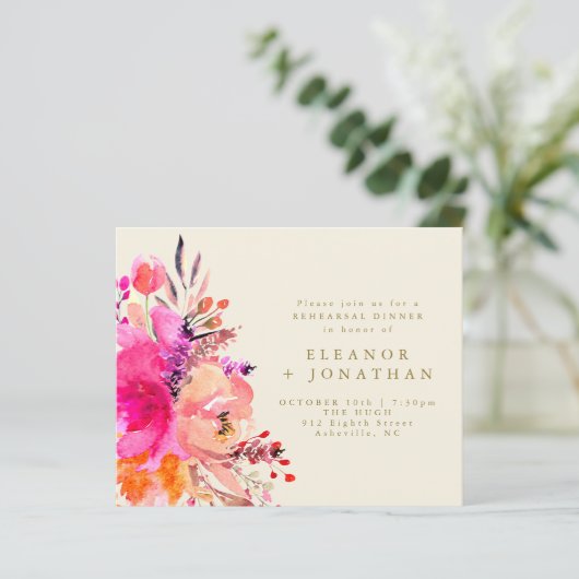 Budget Pink Gold Floral Probe Dinner einladen (Stehend Vorderseite)