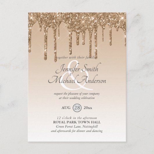 Budget Pink Gold Glitzer Dripping WEDING INVITE Postkarte (Vorderseite)