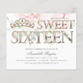 Budget Pink Gold Tiara Floral Sweet 16 Einladung (Vorderseite)