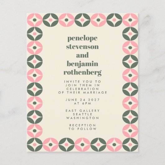 Budget Pink Green Mid Mod Geometric Wedite Einladu (Vorderseite)