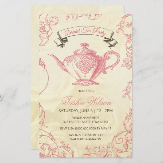 Budget Pink Ivory Vintag Bridal Tea Einladung (Vorne/Hinten)