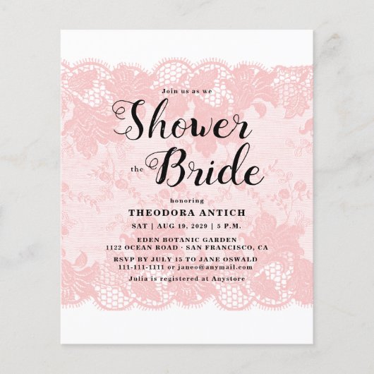 Budget Pink Lace Bridal Shower Invitation (Vorderseite)
