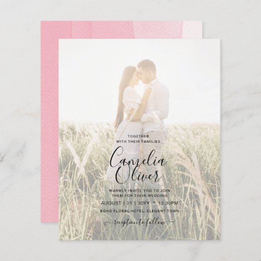 BUDGET Pink Ombre FOTO OVERLAY Wedding Einladungen (Vorne/Hinten)