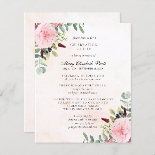 Budget Pink Peony Eukalyptus Beerdigung Einladung (Vorne/Hinten)