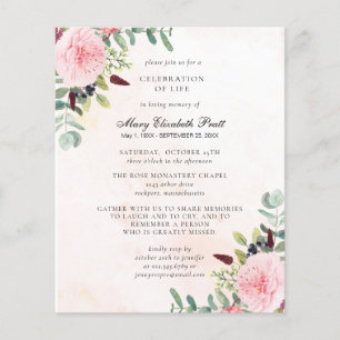 Budget Pink Peony Eukalyptus Beerdigung Einladung