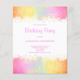 Budget Pink Rainbow Confetti Birthday Einladung
