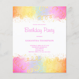 Budget Pink Rainbow Confetti Birthday Einladung Flyer