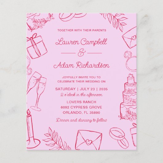 Budget Pink & Red Hand-Drawn Wedding (Vorderseite)