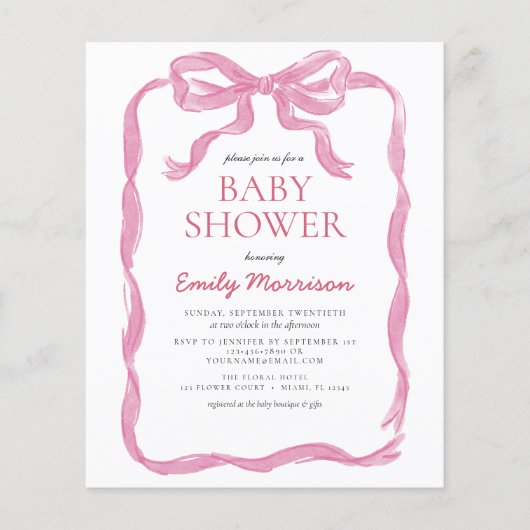 Budget Pink Ribbon Wasserfarbe Bow Girl Babydusche Flyer (Vorne)