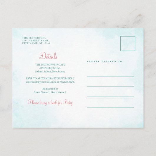 Budget Pink Rose Türkise Floral Baby Dusche Einladungspostkarte (Rückseite)