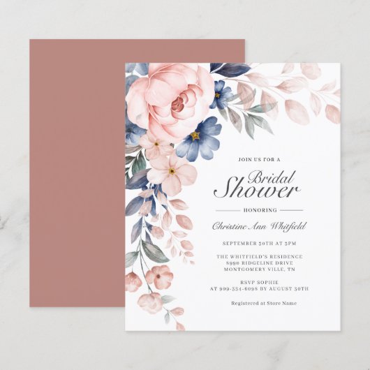 Budget Pink Script Blumendusche Einladung (Vorne/Hinten)