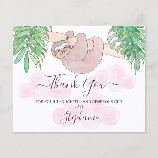 Budget Pink Sloth Baby Dusche Danke Karte (Vorderseite)