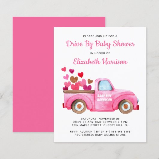Budget Pink Truck Drive by Baby Dusche Einladung (Vorne/Hinten)