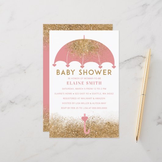 Budget Pink Umbrella Girl Baby Dusche Einladung (Vorderseite/Rückseite Beispiel)