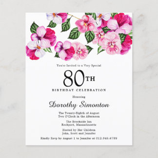 Budget Pink White Floral 80. Geburtstag Einladung