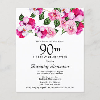 Budget Pink White Floral 90. Geburtstag Einladung
