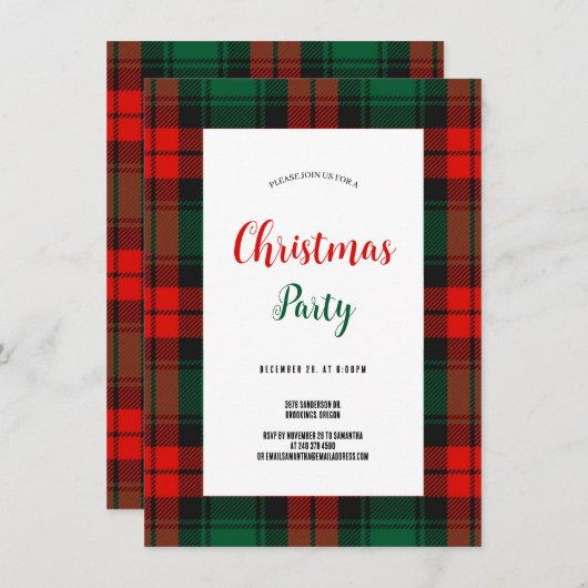 Budget Plaid Retro Script red and green Christmas Einladung (Vorne/Hinten)