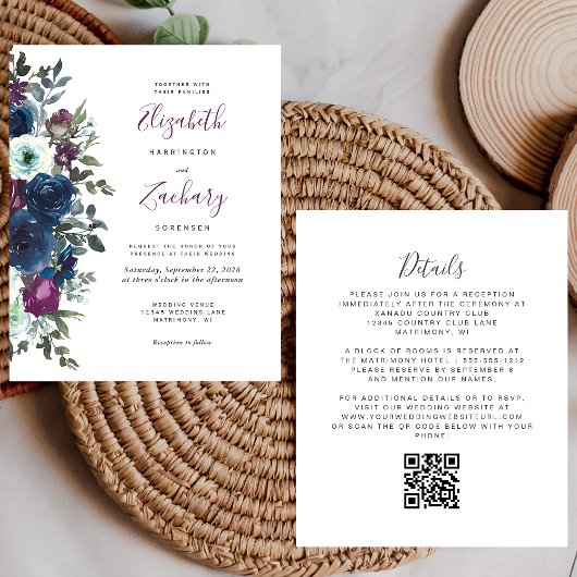 Budget Plum Floral QR Code Hochzeit