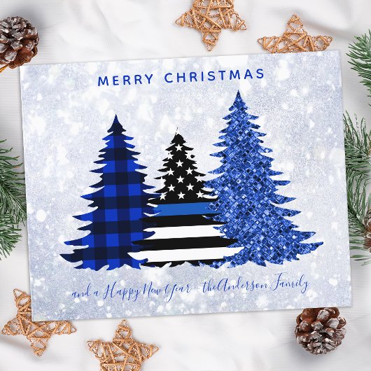 Budget Police Christmas Blue Kariert Glitzer Card
