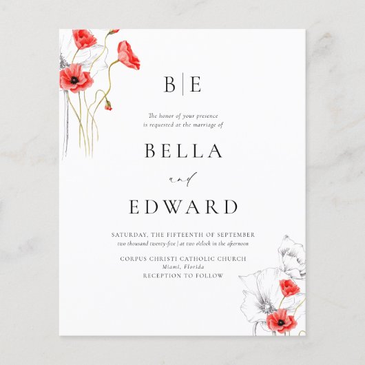 Budget Poppy Red Chic Floral Monogram Wedding (Vorderseite)