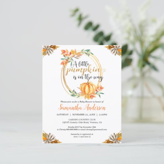 Budget Pumpkin Baby Shower Einladung (Stehend Vorderseite)