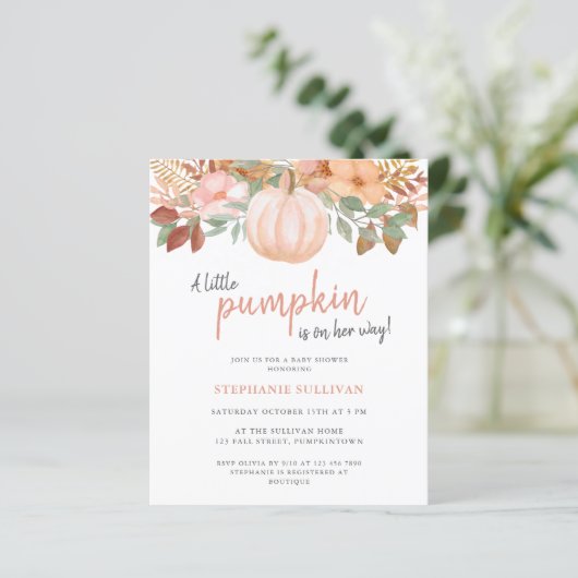Budget Pumpkin Fall Floral Baby Dusche Einladung (Stehend Vorderseite)