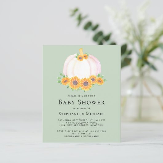 Budget Pumpkin Green Baby Dusche Einladung (Stehend Vorderseite)