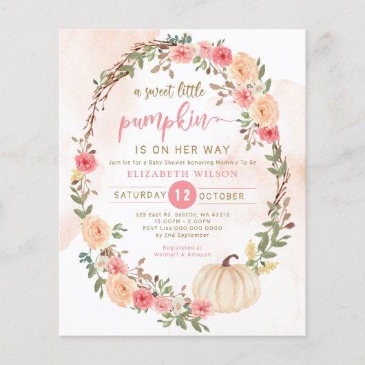 Budget Pumpkin Pink Girl Babydusche Einladung (Vorderseite)