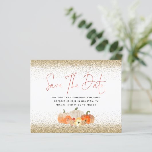 Budget Pumpkins Gold Glitzer QR Save the Date (Stehend Vorderseite)
