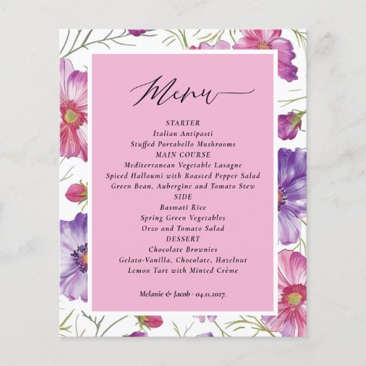 Budget Purple and Pink Floral Wedding  Menu (Vorderseite)