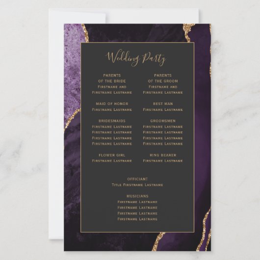 Budget Purple Gold Agate Dark Wedding Program (Rückseite)