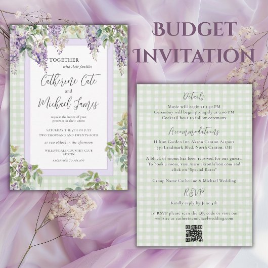Budget Purple Lilac Greenery Elegant Wedding Einladung