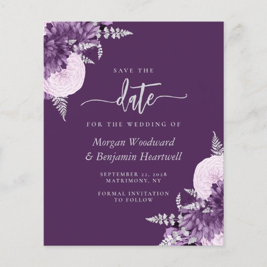 Budget Purple Lilac Silver Floral Save the Date (Vorderseite)