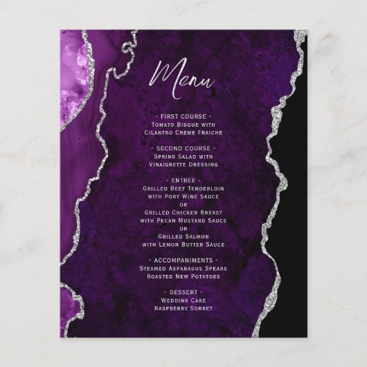 Budget Purple Silver Agate Wedding Menu (Vorderseite)