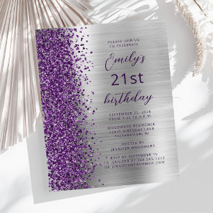 Budget Purple Silver Glam 21. Geburtstagseinladung