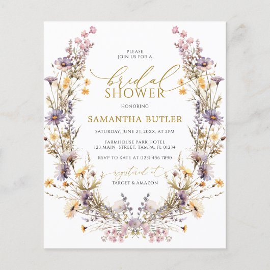 Budget Purple Wildflowers Bridal Shower Invitation (Vorderseite)