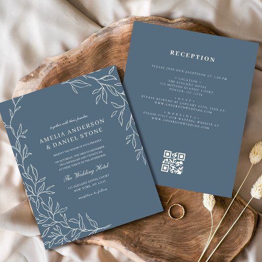 Budget QR Code Dusty Blue Leaf Hochzeit Einladung