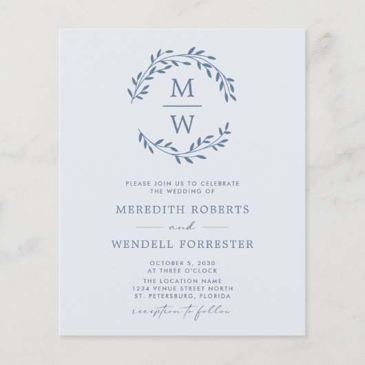 Budget QR Code Dusty Blue Monogram Wedding Flyer (Vorne)