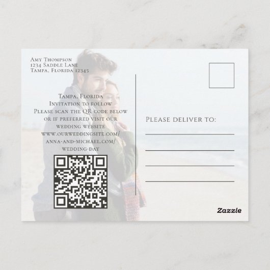 Budget QR Code Elegant Calligraphy Script Hochzeit Postkarte (Rückseite)