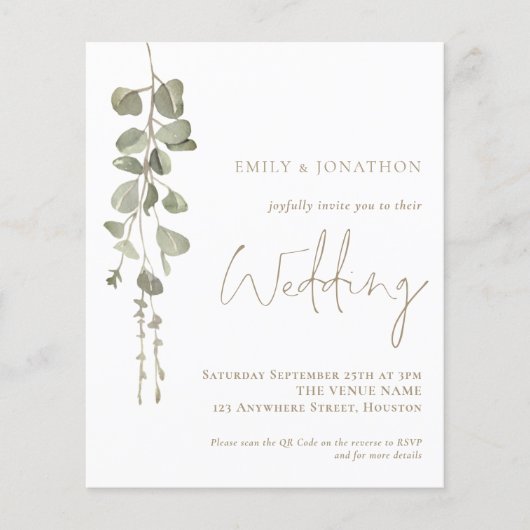 Budget QR Code Eucalyptus Gold Hochzeit Einladung (Vorderseite)