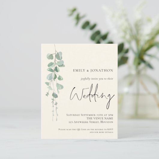 Budget QR Code Eucalyptus Ivory Hochzeit Einladung (Stehend Vorderseite)