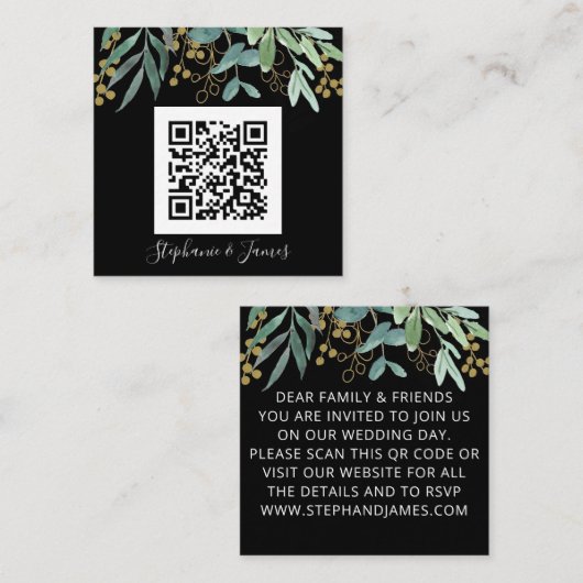 Budget QR Code Eukalyptus Black Wedding Einladung (Vorne/Hinten)