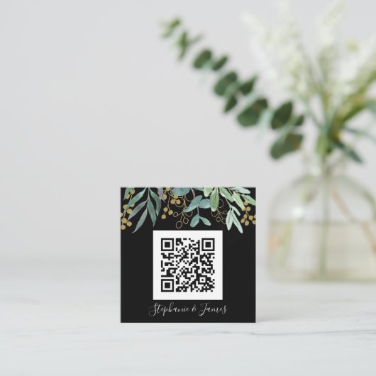 Budget QR Code Eukalyptus Black Wedding Einladung (Stehend Vorderseite)