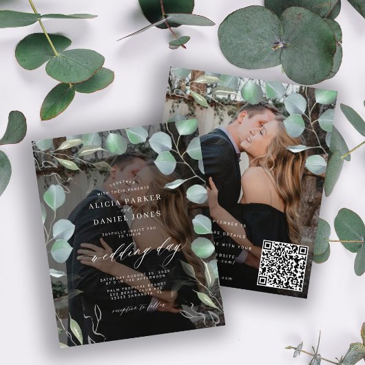 Budget QR CODE Eukalyptus Foto Hochzeit Einladung