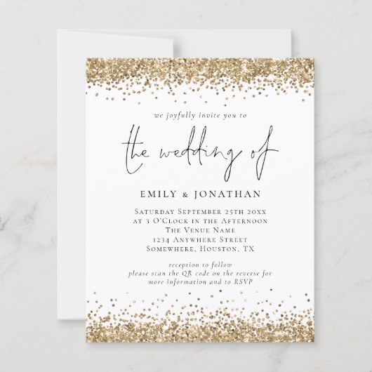 Budget QR Code Gold Glitzer Einladung Hochzeitsfei (Vorderseite)