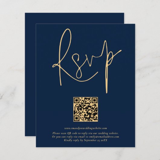 Budget QR Code Gold Navy Blue Script Hochzeit RSVP (Vorne/Hinten)