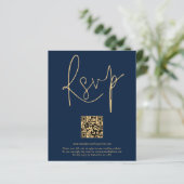 Budget QR Code Gold Navy Blue Script Hochzeit RSVP (Stehend Vorderseite)